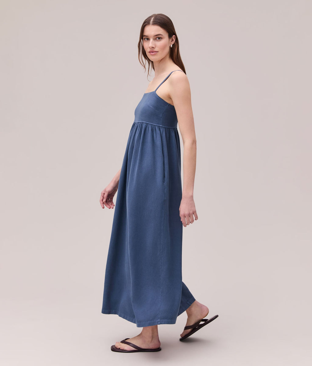 Womens Linen Maxi Dress - Rayon Linen Woven - Vintage Indigo