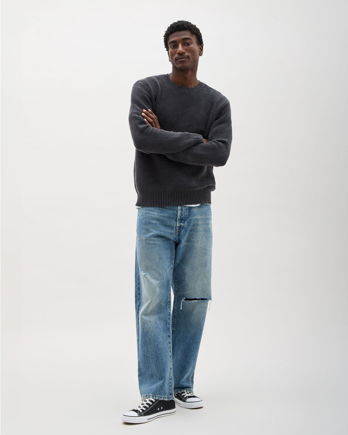 Mens Dune Open Knit Sweater - Cotton Sweater Knit - Black
