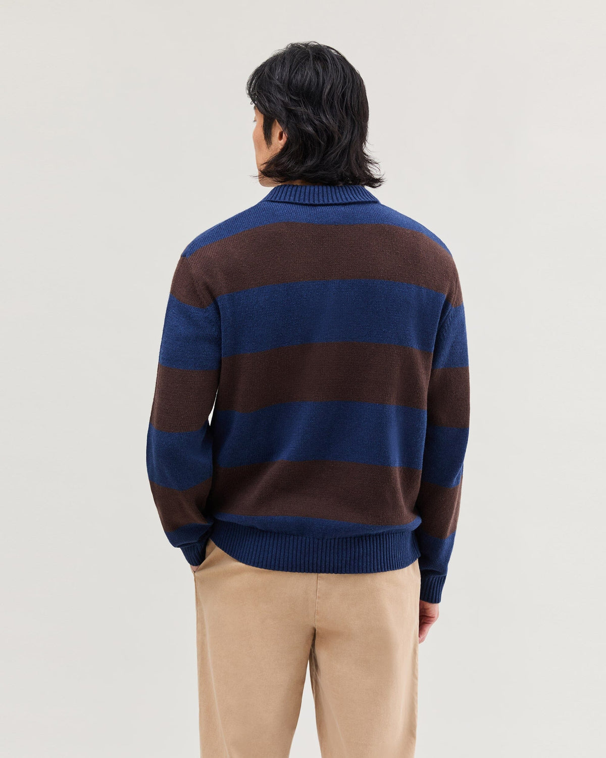 Mens Seth Rugby Sweater - Cotton Sweater Knit - Navy/Brown Stripe